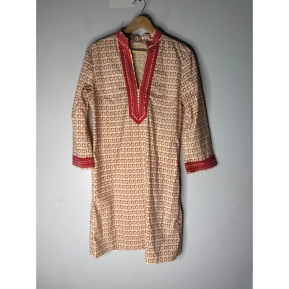 TORY BURCH Tory Mini Dress 6 Square Frame 3/4 Sleeve‎ Decorative Trims Red Sz 6